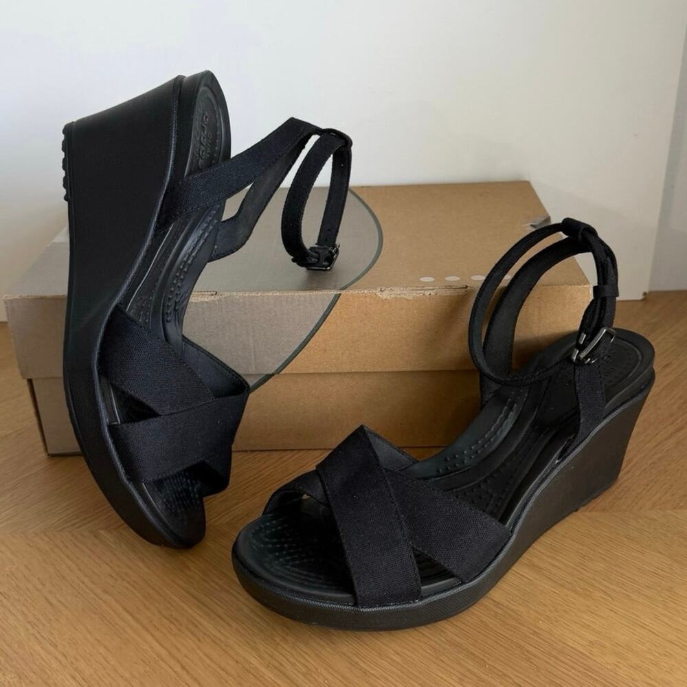 Crocs Comfort ‘Triple Black’ Women Strappy Wedge Sandals- SZ 10